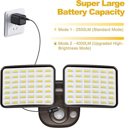 Rechargeable Battery-Powered Motion Light (1-3 Months Endurance), 2500LM Standard & 4000LM High-Brightness Dual Modes, USB Charging Outdoor LED Flood Light for Garage,Yard,Patio,Garden (Brown) 2 Packs