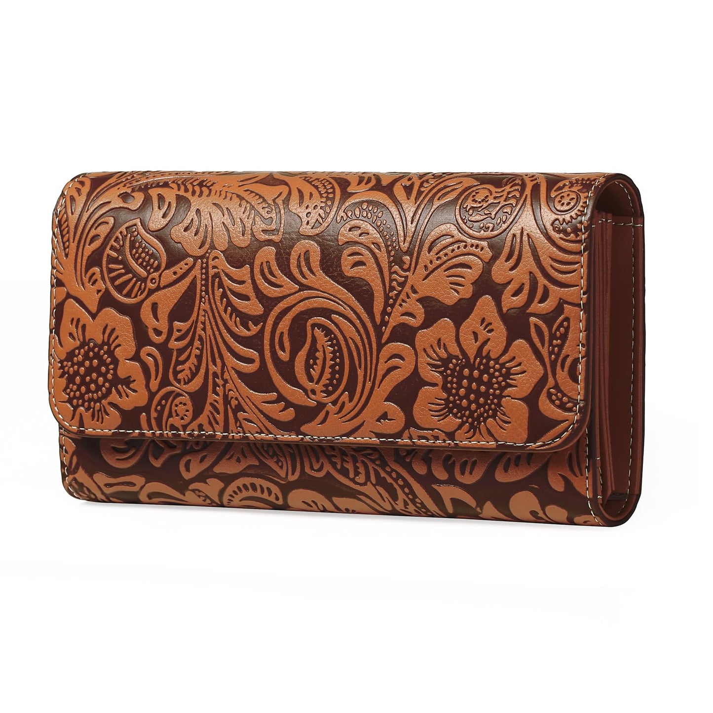 GOIACII Women's Wallet RFID Blocking Long Clutch Ladies Purse Vegan Leather Embossed Flower Brown