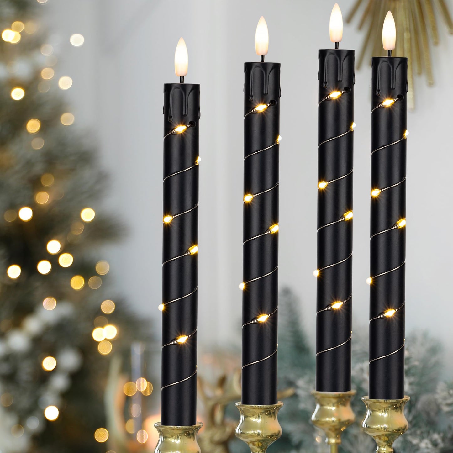 Flameless LED Taper Candles Flickering with Remote & Timer for Halloween Decorations，Battery Operated Candles, Arounded with Starlight String, Party & Home Decoration, Pack of 6,Black