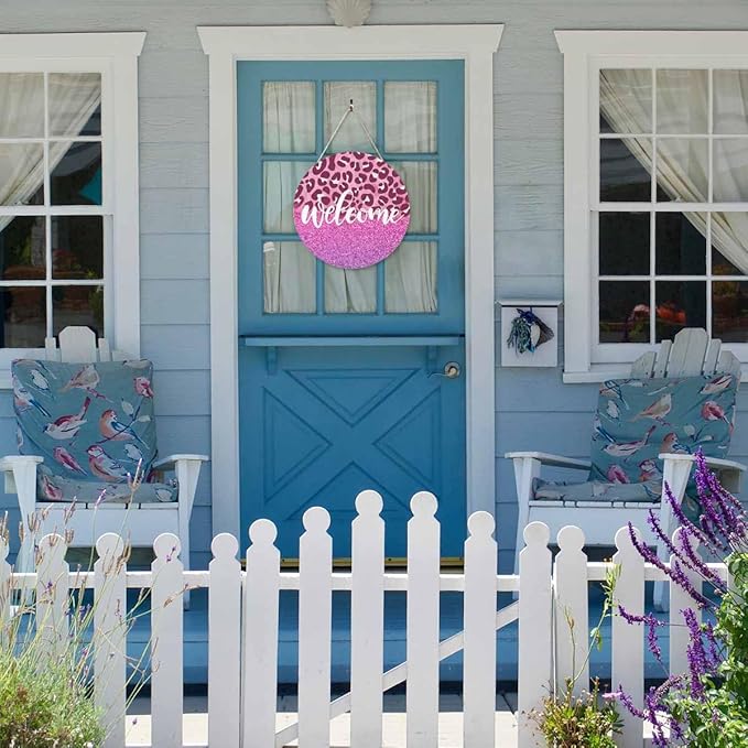 Welcome Sign Rustic Round Sign Front Door Wreaths Pink Leopard Print for Outdoor Indoor Wall Hanging Decorations 12x12in