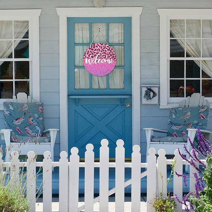 Welcome Sign Rustic Round Sign Front Door Wreaths Pink Leopard Print for Outdoor Indoor Wall Hanging Decorations 12x12in