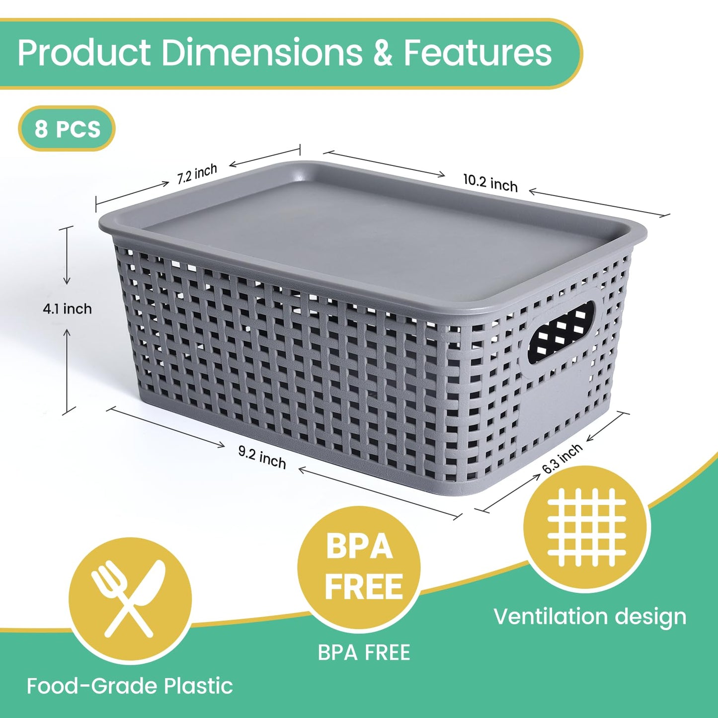 Plastic Storage Baskets with Lid-Plastic Storage Containers Stackable Storage bins: Storage Baskets for Organizing Shelves Drawers Desktop Closet Playroom Classroom Office,8 Pack-Gray10.2x7.2x4.1Inch