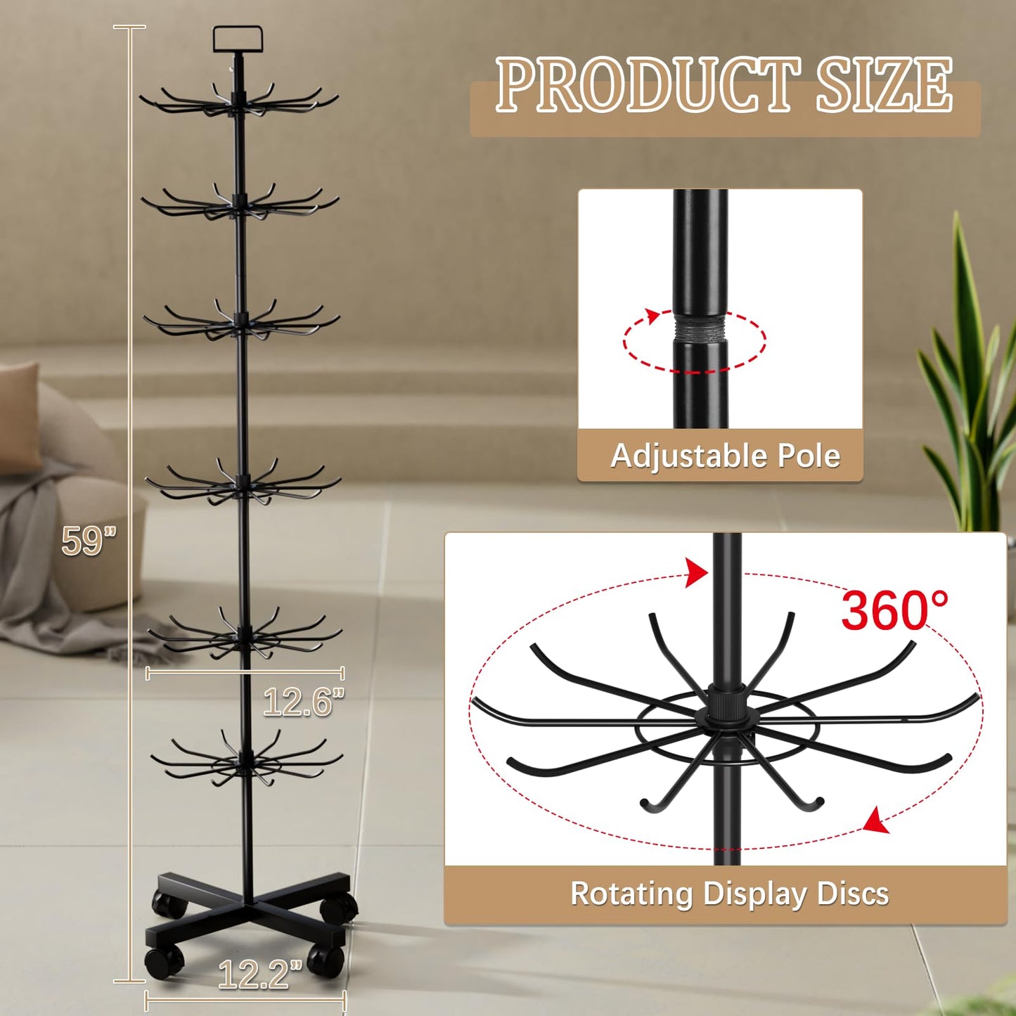 Exttlliy Retail Display Stand Store Display Rack 6 Tier Metal Spinning Display Stand Rack with Wheels Keychain Jewelry Stocking Hat Stand with Hooks for Malls, Showroom, Retail Store (6 Tier Black)