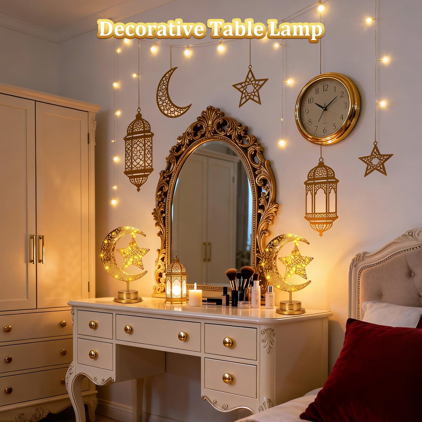 Half Moon Light Metal Ramadan Star Decorative Lamp - Battery Operated, Eid Decorations, Moon Night Light for Kids