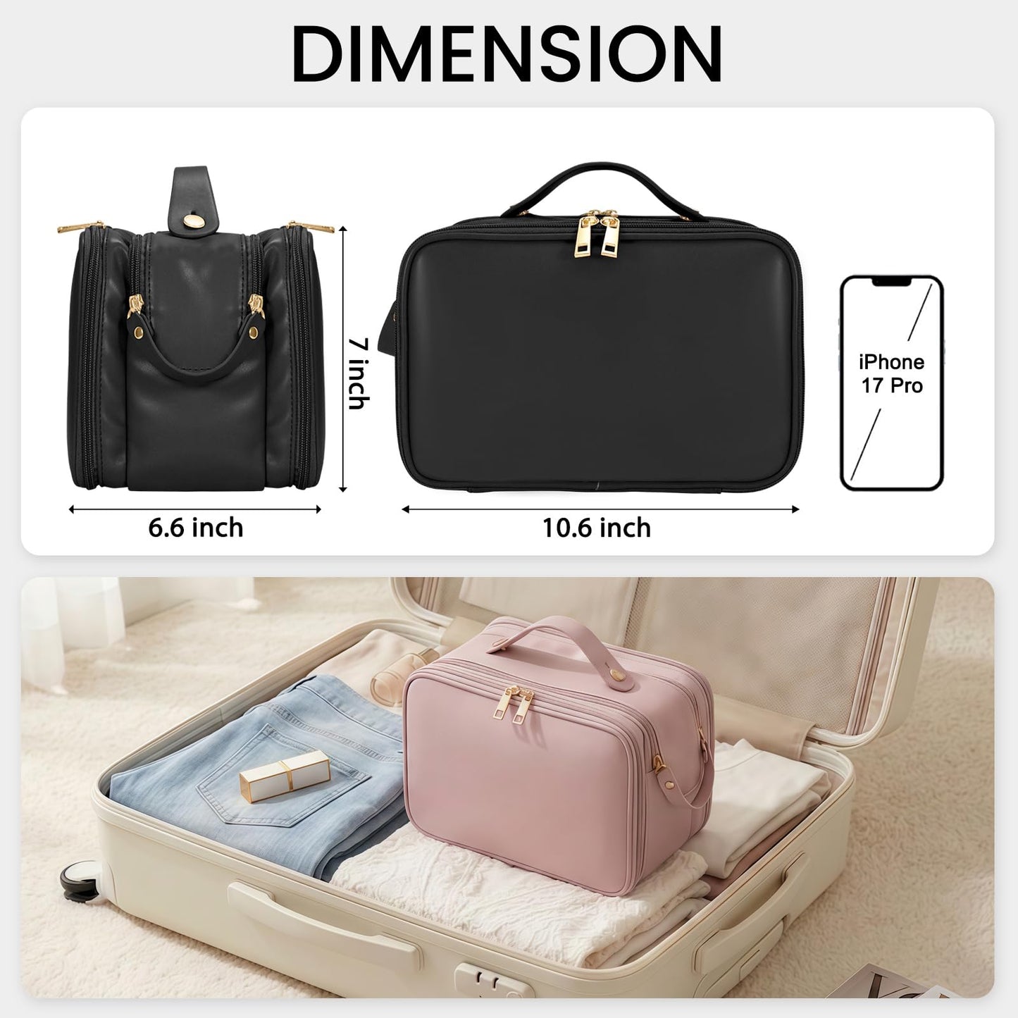 Travel Makeup Bag Women's Large Capacity Cosmetic Portable Organizer Large Opening Waterproof Storage Toiletry Bags Vertical Free-Standing Brush Holder for Easy Access Black
