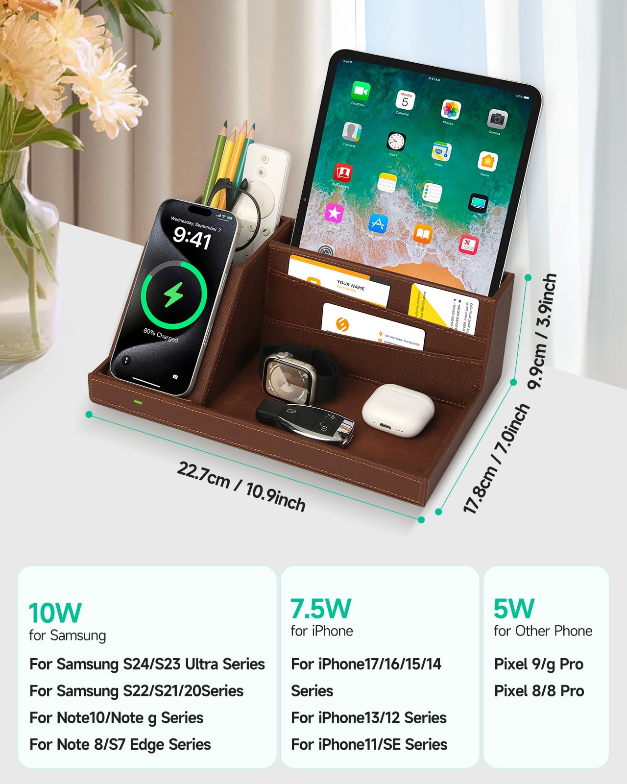 Fast Wireless Charging Station with Desk Organizer for iPhone 17/16/15/15 Pro/14/14 Pro Max/14 Pro/14 Plus/13/13 Pro Max/13 Pro/and iPhone 12/11 Series, Nightstand Desktop Organizer, Brown