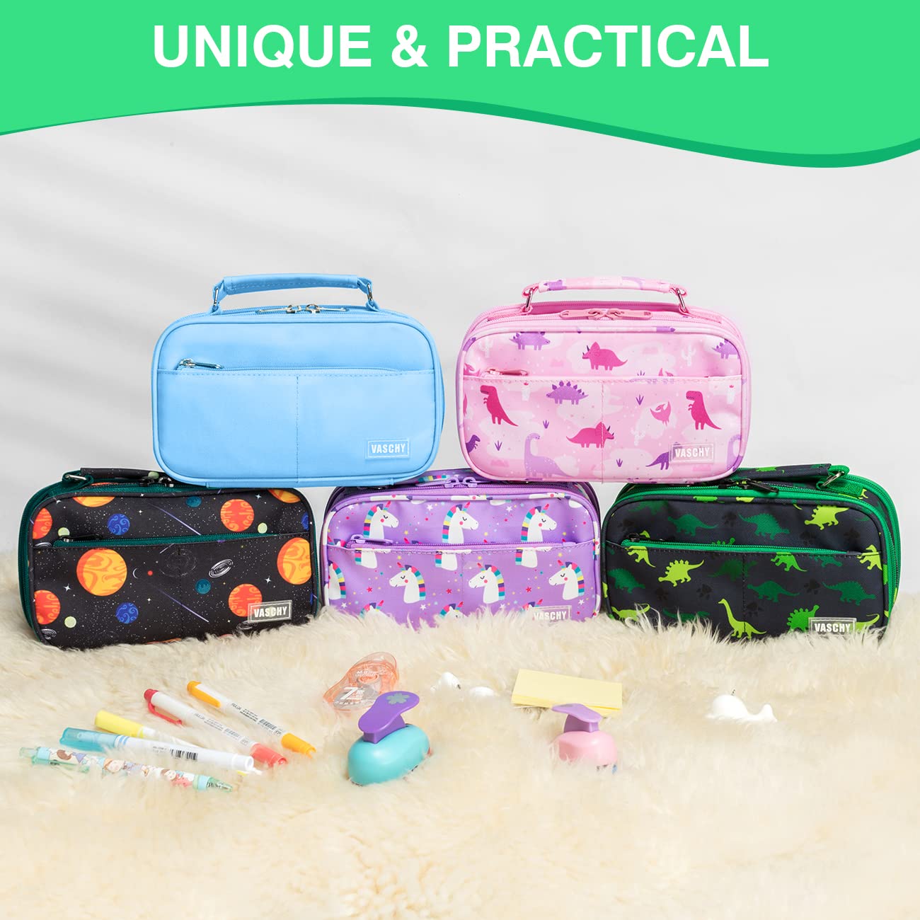 VASCHY Pencil Case for Boys, Aesthetic Kawaii Large Pencil Pouch Stationary Pencil Bag/Box for Preppy Kids, Pen Organizer Holder School Supply Black Dinos