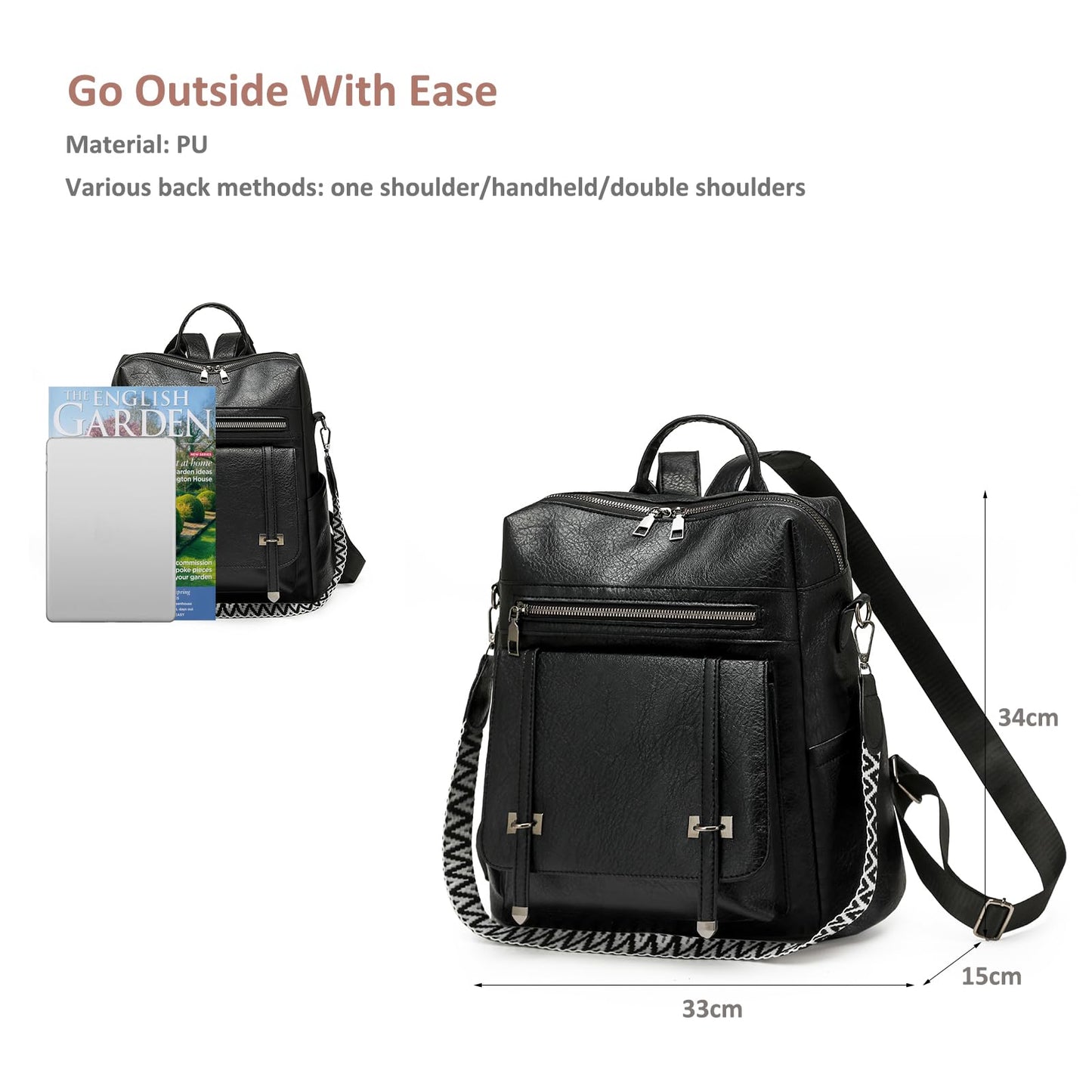 HAHONIA Women's Fashion Backpack PU with Detachable Wide Shoulder Strap & Multiple Pockets, Anti Theft Backpack for Women