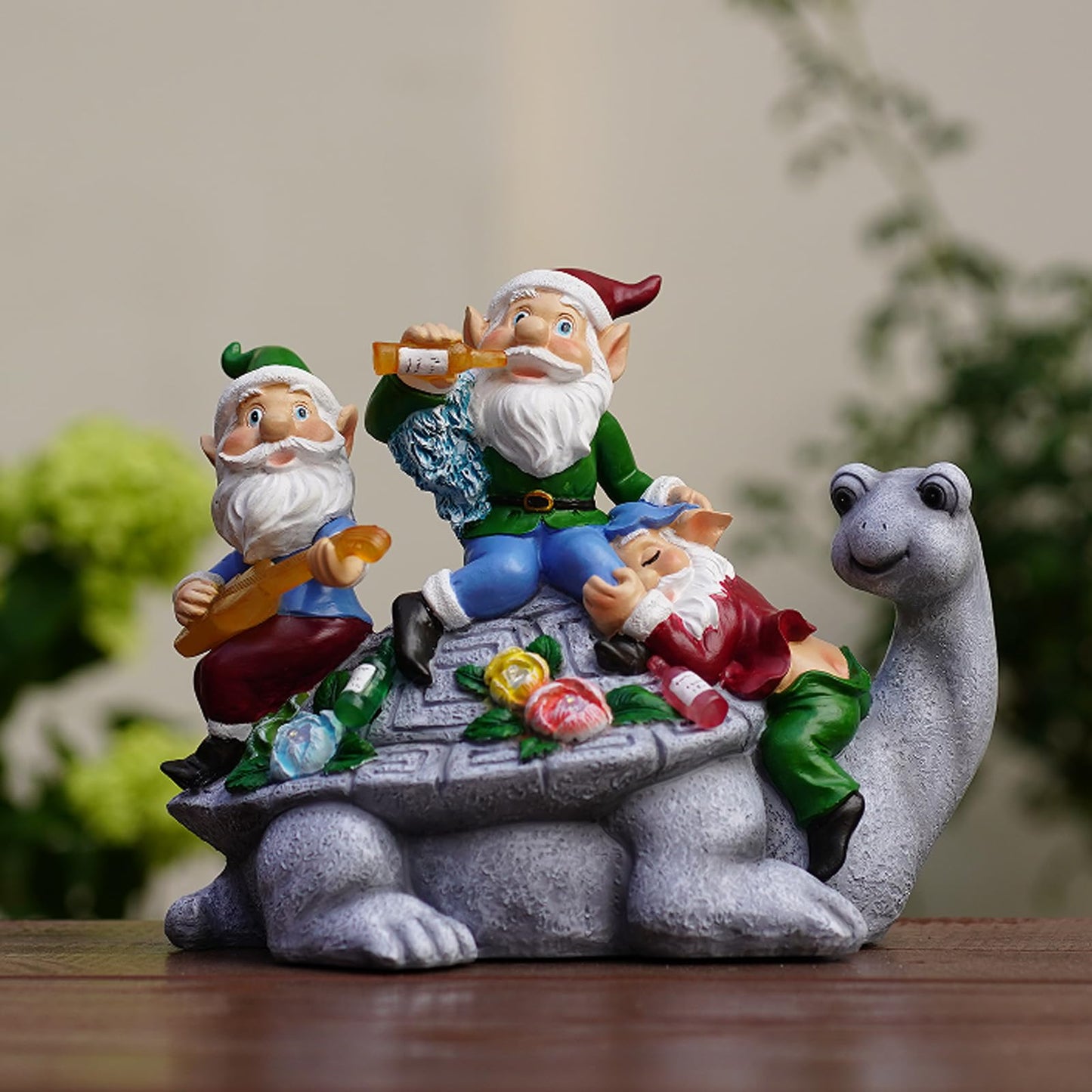 NATASE Solar Garden Outdoor Statues Gnome Turtle Three Gnomes Having Party on Turtle with 7 LED Lawn Decor Outside Decorations for Patio, Balcony, Yard Ornament Unique Garden Gift