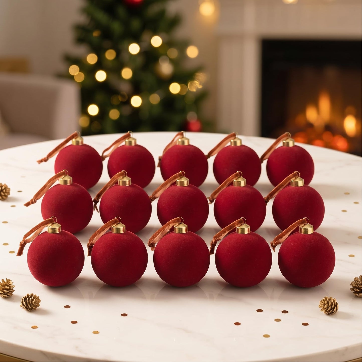 15 Pcs Red Velvet Christmas Decorations Balls, 2.65 Inch Christmas Ornaments for Xmas Tree Decor, Dark Red Flocked Ball for Family Holiday Party Valentines Hanging Decoration