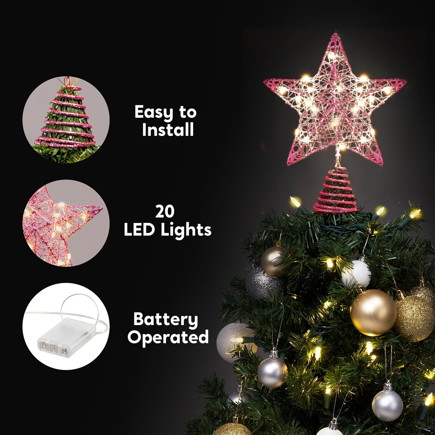 Joiedomi 8 inch Christmas Glitter Star Tree Toppers, Pink Star Lighted with 20 LED Warm White Lights for Xmas Decorations, Holiday Party Indoor Decor