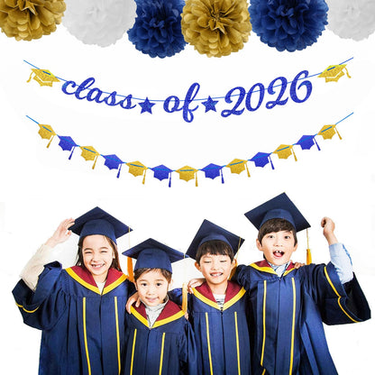 Navy-Blue White-Gold Party-Decorations Graduation Banner - 8pcs Kits Class of 2026 Cap Garland Streamers, Paper Tissue Pom Poms Flowers, Congratulations Grad Decor Lasting Surprise