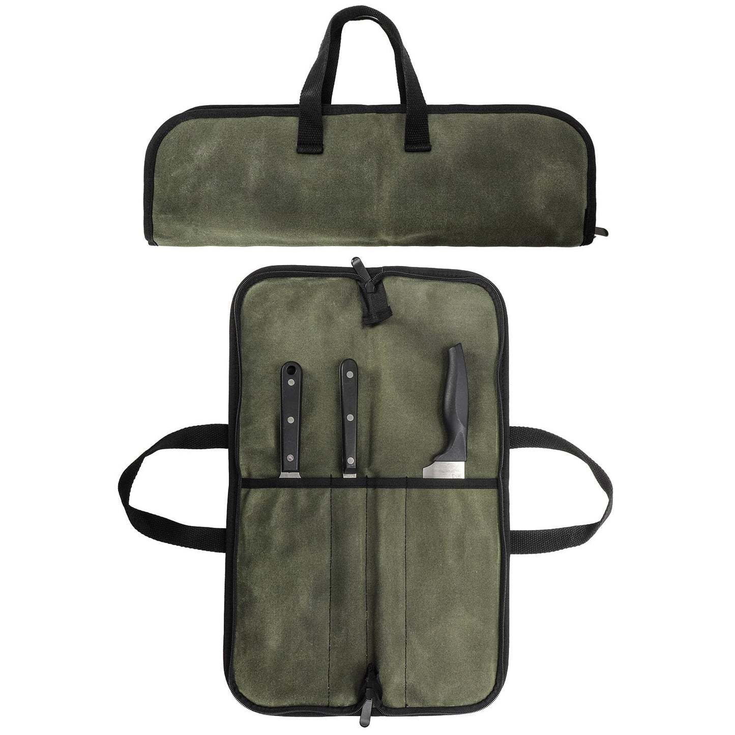Tosnail Chef Knife Roll Bag with 4 Slots, Heavy Duty Waxed Canvas Knife Bag with Handle, Kitchen Knife Storage, Portable Knife Carrying Case