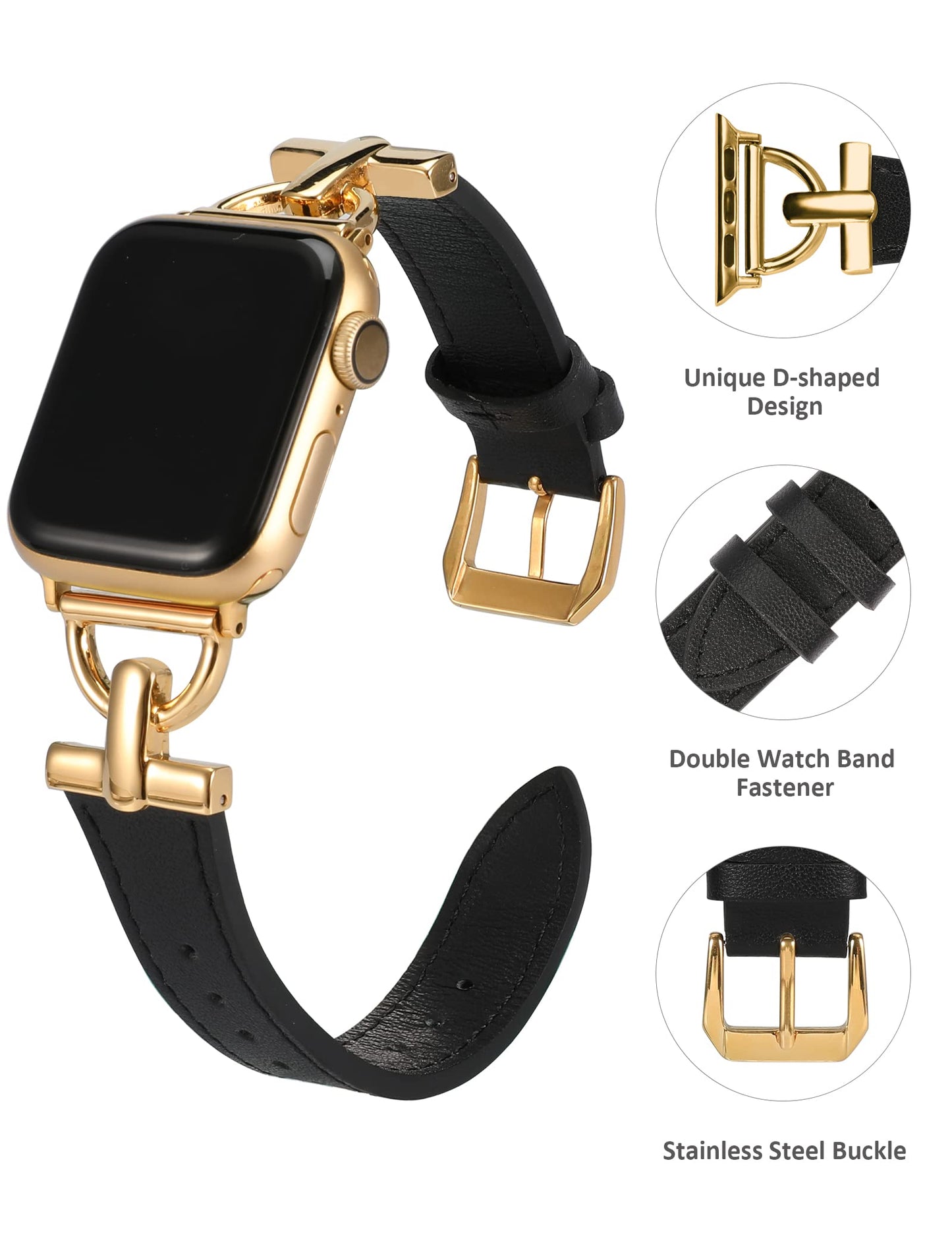 Wearlizer Leather Band Compatible with Apple Watch Bands Women 41mm 40mm 38mm 49mm 46mm 45mm 44mm 42mm, Fancy Dressy Strap for iWatch Series 11 10 9 8 7 6 5 4 3 SE/Ultra 3 2 1,Black/Gold