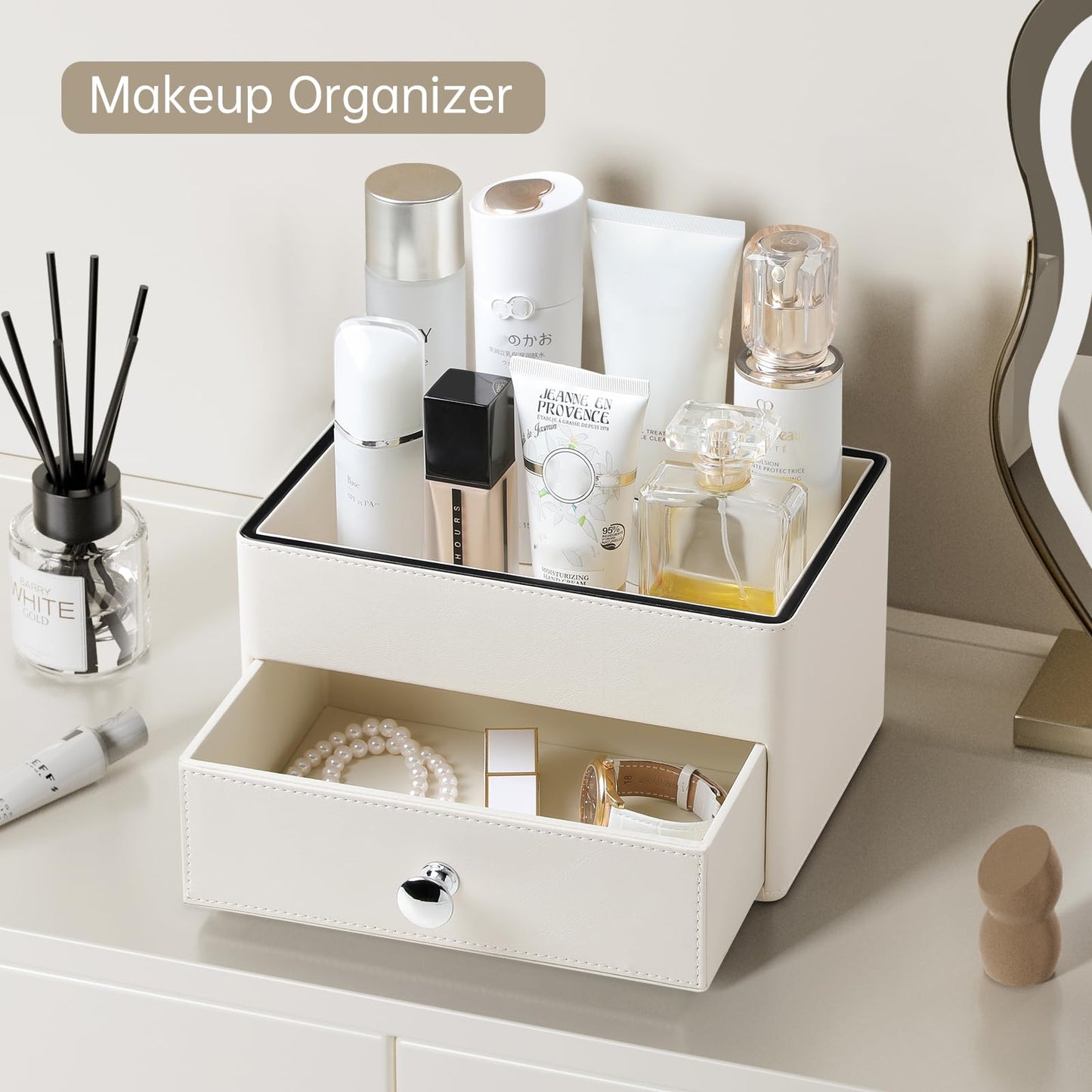 MEIBOOCH PU Leather Desk Organizer with Drawer, Multifunctional Nightstand Organizer, Waterproof Makeup Organizer for Vanity Bathroom Countertop Bedside Table (Beige)