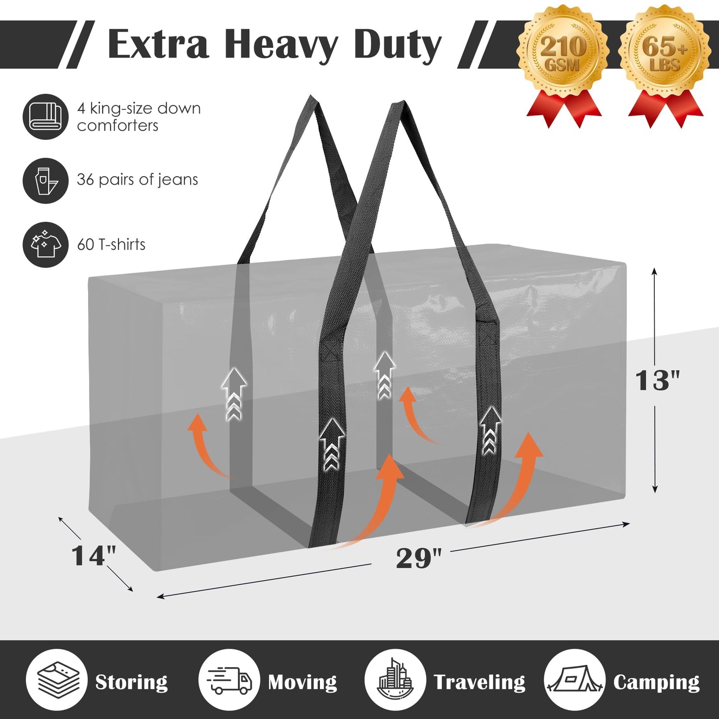 RMOHRO 6 Pack Moving Bags with Full-Open Side Zipper, Extra Large 93L Heavy Duty Waterproof Foldable Storage Totes for College Dorm, Moving & Home Organization Black