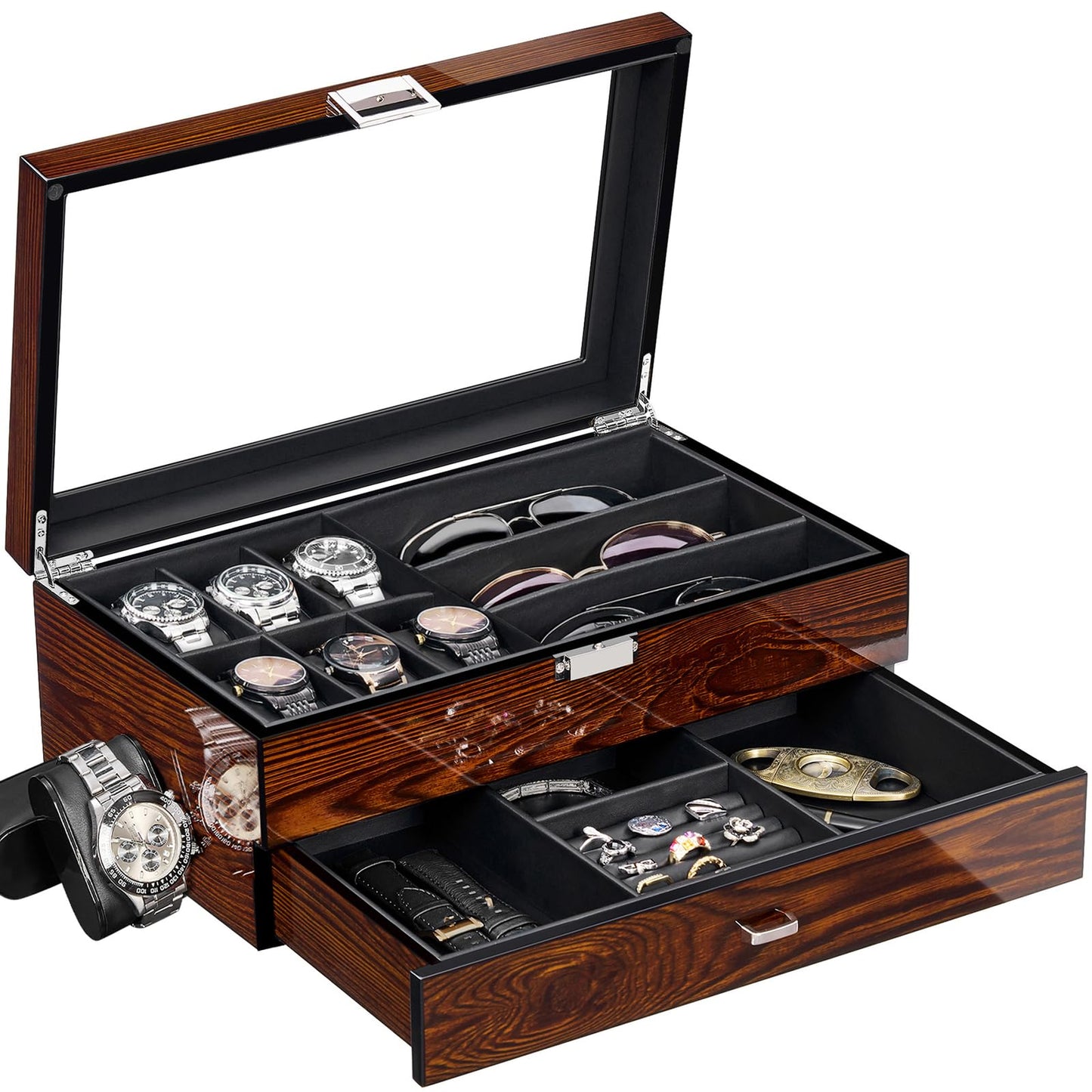 BEWISHOME Men's Wooden Jewelry Box Organizer, 6 Watch and 3 Sunglasses Organizer for Men, Wood Watch Display Case with Glass Lid and PU Leather Interior