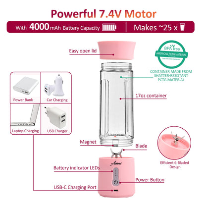 Asani Portable Mini Blender for Shakes and Smoothies, USB Rechargeable, Pink