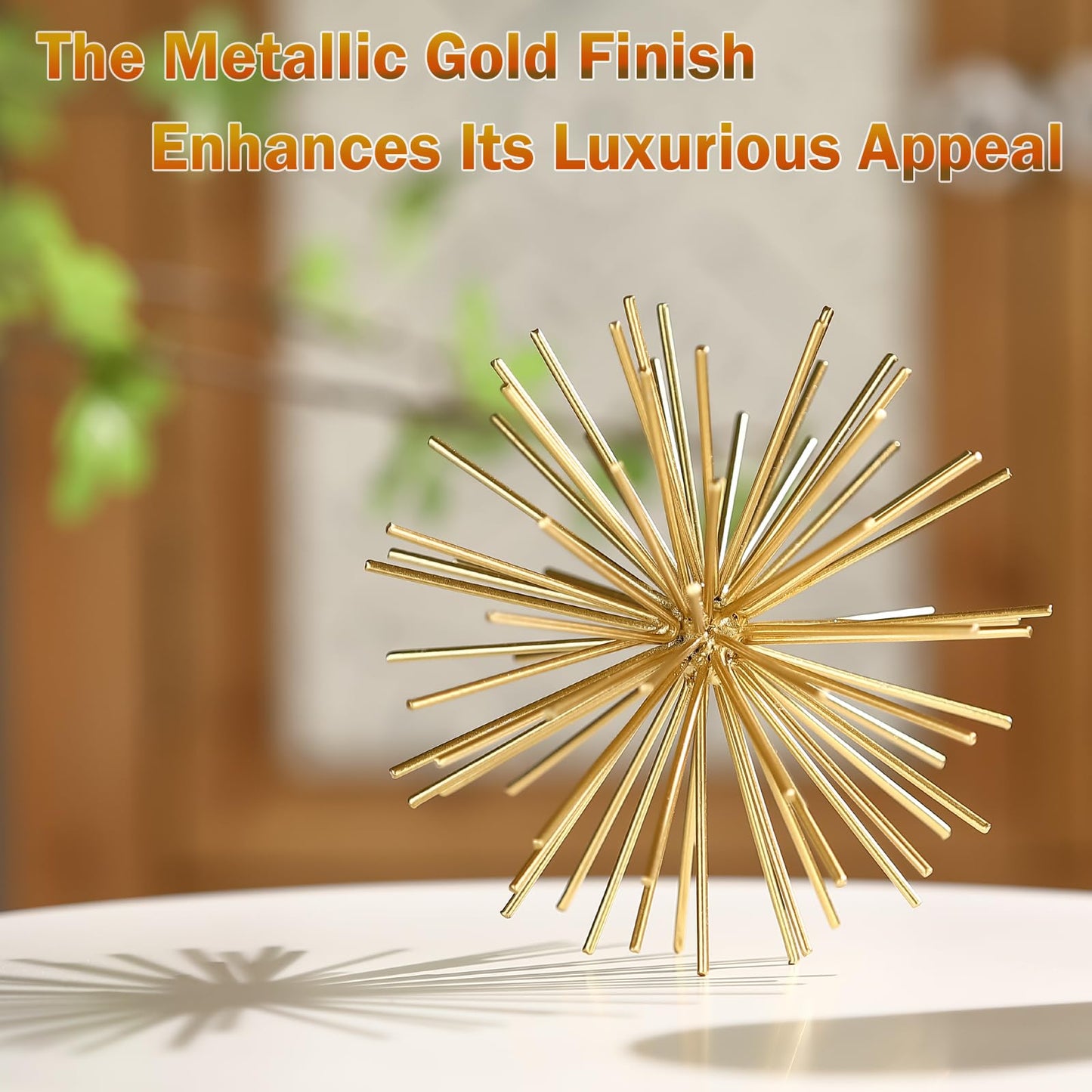 Metal Decorative Starburst Ball, 6 Inch Gold Sphere Decor, Spiky Star Burst Tabletop Sculpture, Mid-Century Modern Metal Spike Ball for Home, Living Room, Office & Shelf Decor