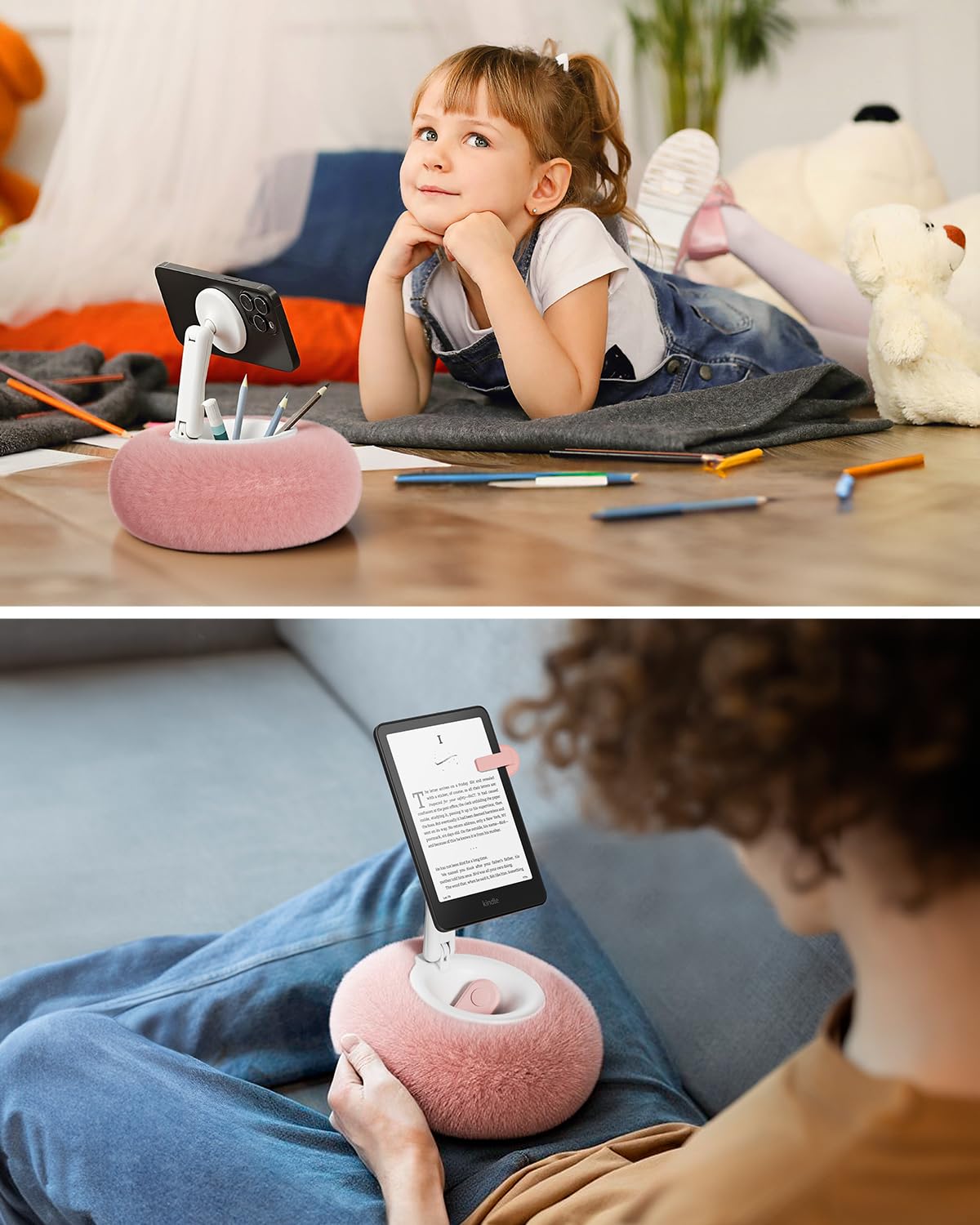 Viozon Phone Holder for Bed, Magnetic Pillow Stand, Compatible with 4-7" Phone/Kindle with Small Storage, Removable Suction Base for Stability, Idea for Kindle Reading and Video Watching On Bed,Pink