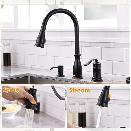 APPASO 3 Hole Kitchen Faucet with Pull Down Sprayer, Kitchen Faucets with Soap Dispenser, 3 Pieces Kitchen Sink Faucet with Separate Handle, Matte Black Kitchen Faucet 3 Hole, 218MB