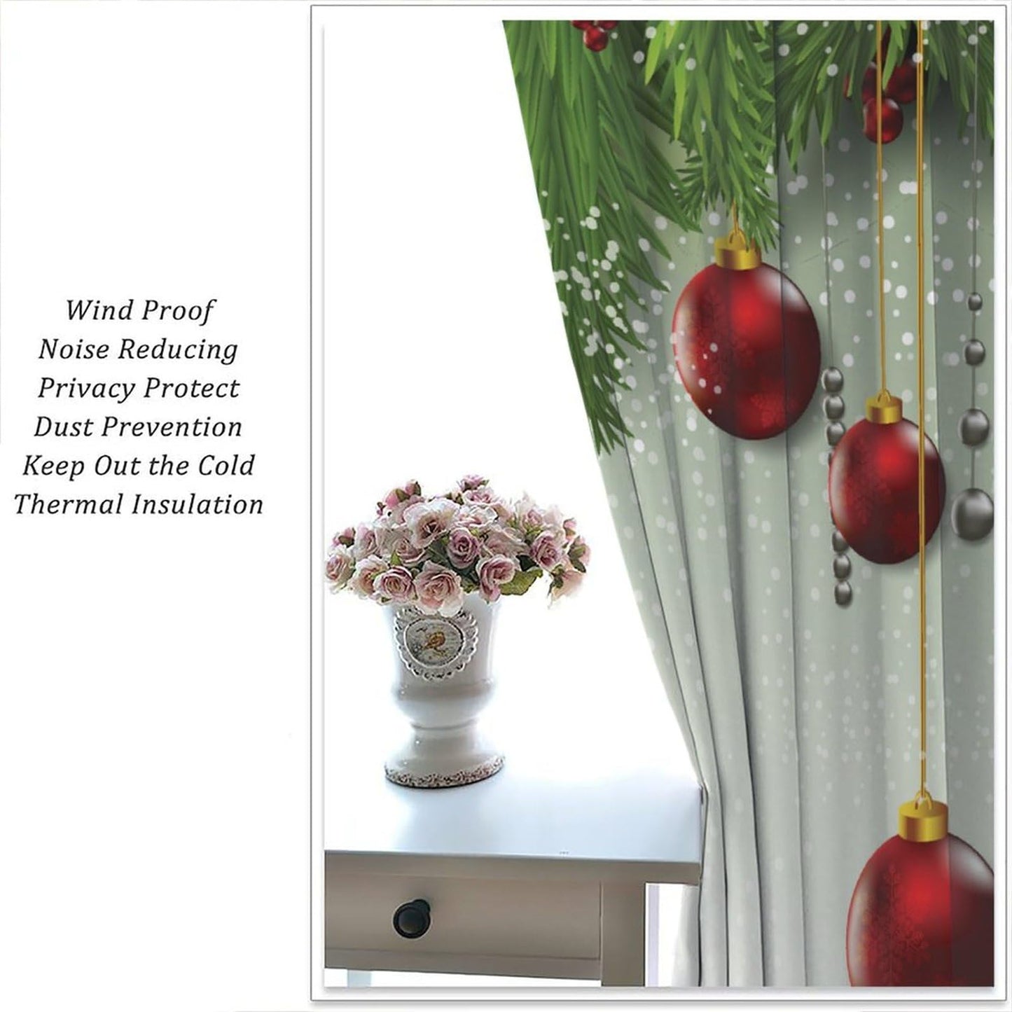 Christmas Curtain Decor Ball Coniferous Pine Tree Twig Tinsel Merry Xmas Blackout Window Treatment for Living Room Bedroom Dining Home Decor Window Drapes 52" W X 84" L