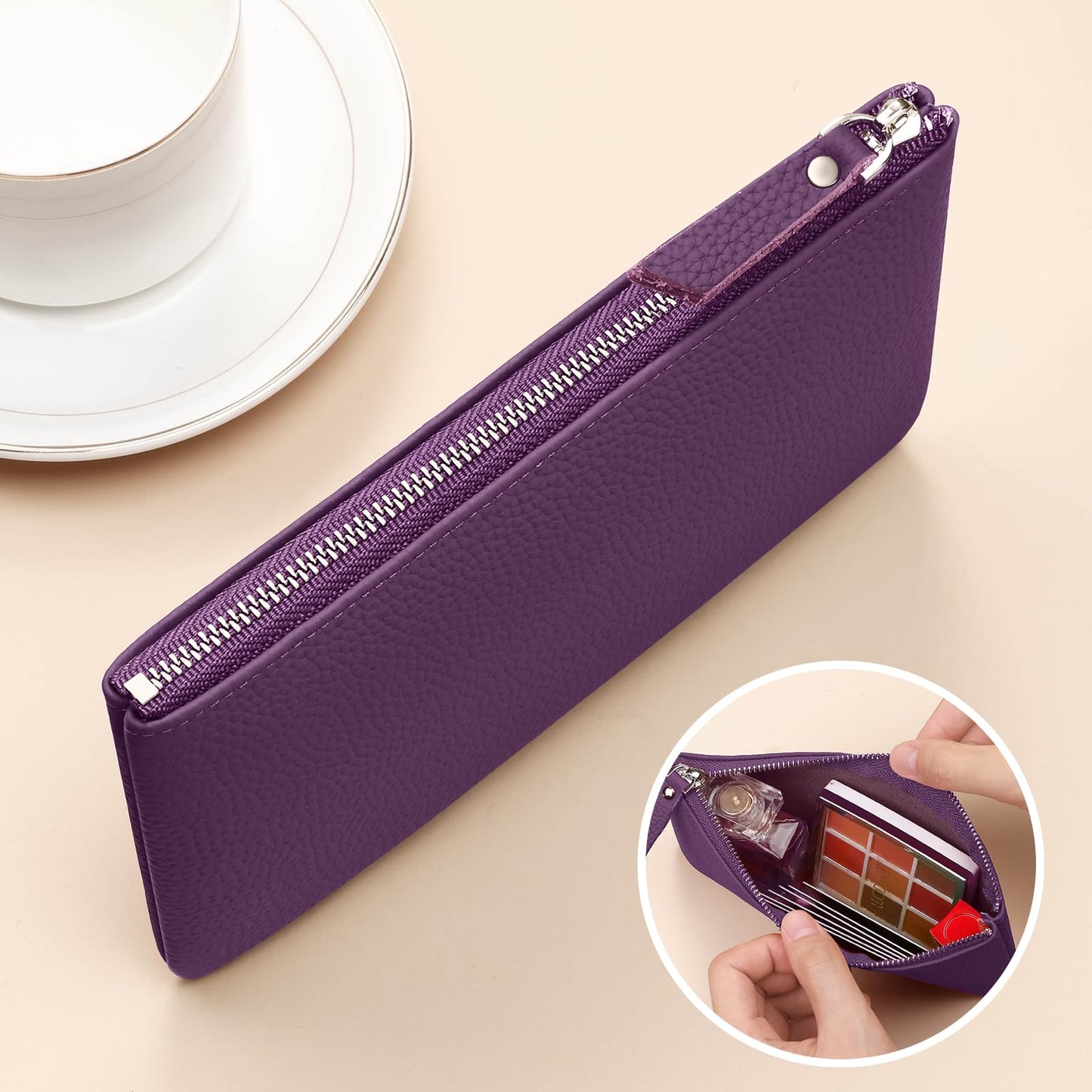 Genuine Leather Zipper Purse, Travel Makeup Bag With Zipper for Men Women Coin Bag Lipstick Cosmetic Accessories Organizer, Travel Kit Storage Pouch (Purple)
