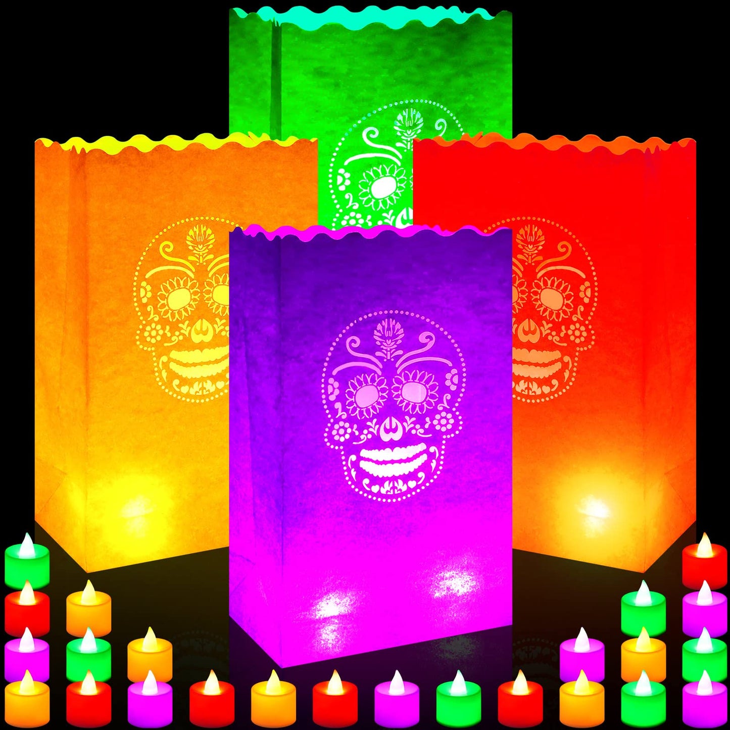 Meanplan 32 Set Day of The Dead Luminary Bags with 32 LED Tea Lights Flameless Candles, Dia De Los Muertos Luminary Mexican Christmas Paper Lantern Bags for Party Decor