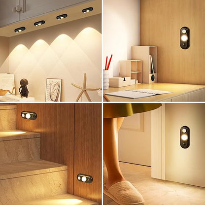 LED Motion Sensor Puck Lights, Rechargeable Under Cabinet Lighting, Dimmable Closet Lights, Magnetic Night Light, Wireless Under Counter Lights for Kitchen, Stairs, Hallway, Warm White, 4Pack, Black