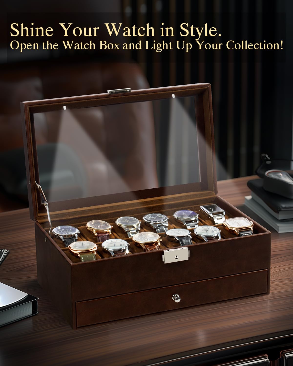 GUKA Watch Box 12 Slot Watch Display Organizer Leather Jewelry Case Drawer Glass Birthday for Men Women, Child Husband Dad GK-012-BROWN-LED-24