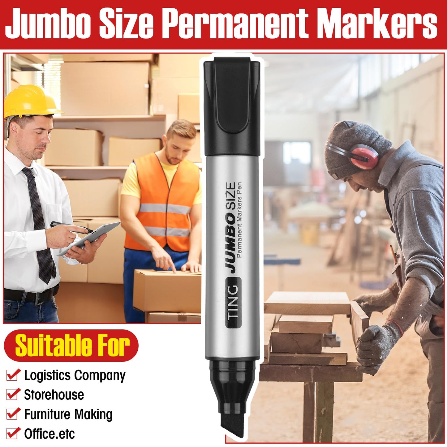 Fuutreo 32 Pcs Jumbo Permanent Markers Bulk Large Chisel Tip Permanent Markers Waterproof Jumbo Pens Quick Drying Office Supplies(Black)