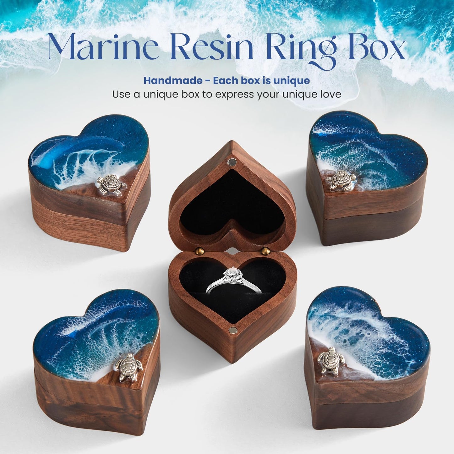SAMAH Ocean Resin Heart Engagement Ring Box, Personalized Walnut Wooden Ring Box, Ring Display Box for Proposal, Wedding, Anniversary, Valentine's Day, Christmas, Birthday Gifts for Women