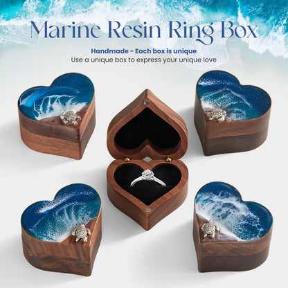 SAMAH Ocean Resin Heart Engagement Ring Box, Personalized Walnut Wooden Ring Box, Ring Display Box for Proposal, Wedding, Anniversary, Valentine's Day, Christmas, Birthday Gifts for Women