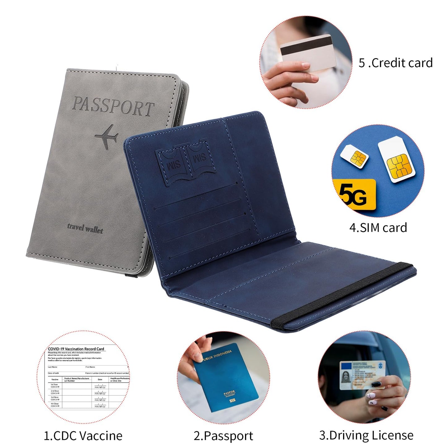 4 PCS Passport Holder Cover Combo Leather Passport Holder Combo with Vaccine Card Slot Passport Cover Passport Case Cover Protector PU Travel Documents Organizer for Women and Men Passport Wallet