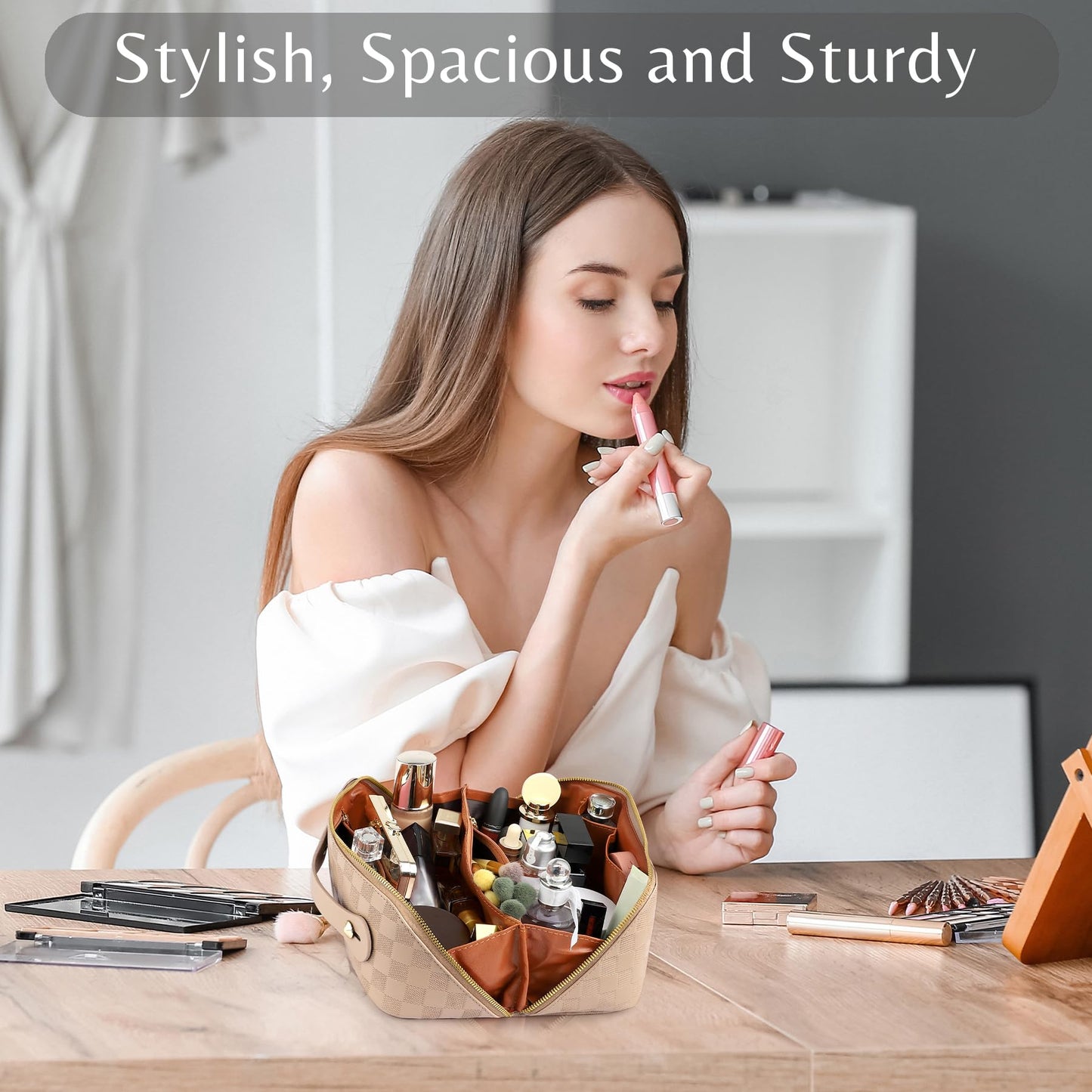 Large Capacity Travel Cosmetic Bag - Open Flat Makeup Bags for Women Waterproof PU Leather Checkered Makeup Organizer Bag,Toiletry Bag for Cosmetics, Portable Make up Bag for Travel Essentials, Khaki