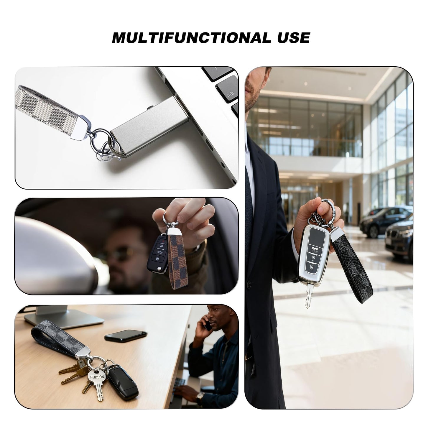 HuanHengOn 3-Pack Premium Leather Keychain Set, Black White Brown Car Key Holder, Car Office Home Key Organizer for men women, Gift for Professionals, Coworkers, Car Enthusiasts