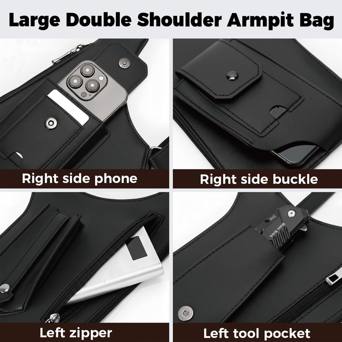 ECGER Large Double Shoulder Armpit Bag - Underarm Holster for Men, Anti-Theft Concealed Crossbody Wallet|phone Pouch for Outdoor Travel Cycling Work, Premium PU Leather (Black Armpit Bag)