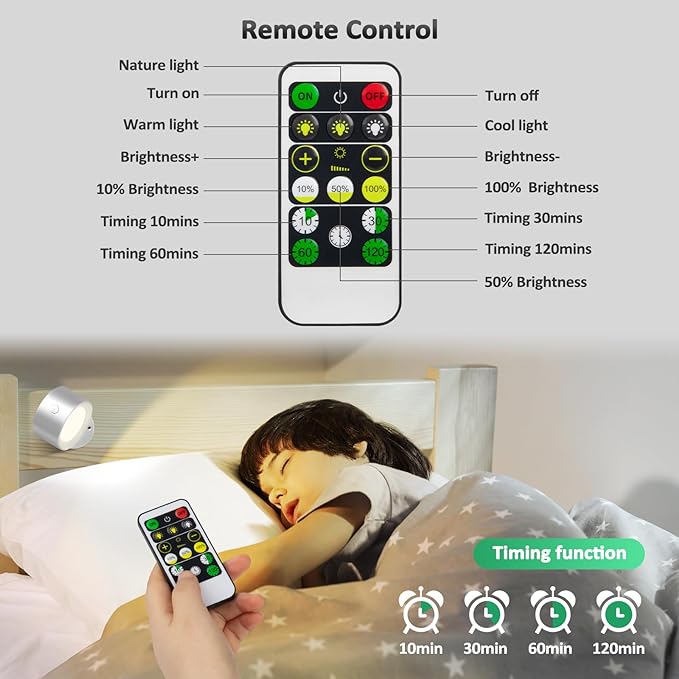 Lightbiz LED Reading Lights, Wall Lights Sconces 3 Pcs with Remote Rechargeable Battery Operated, 3 Color Temperatures & Dimmable Light Magnetic Ball 360°Rotation, Lamps for Study Bedside Closet