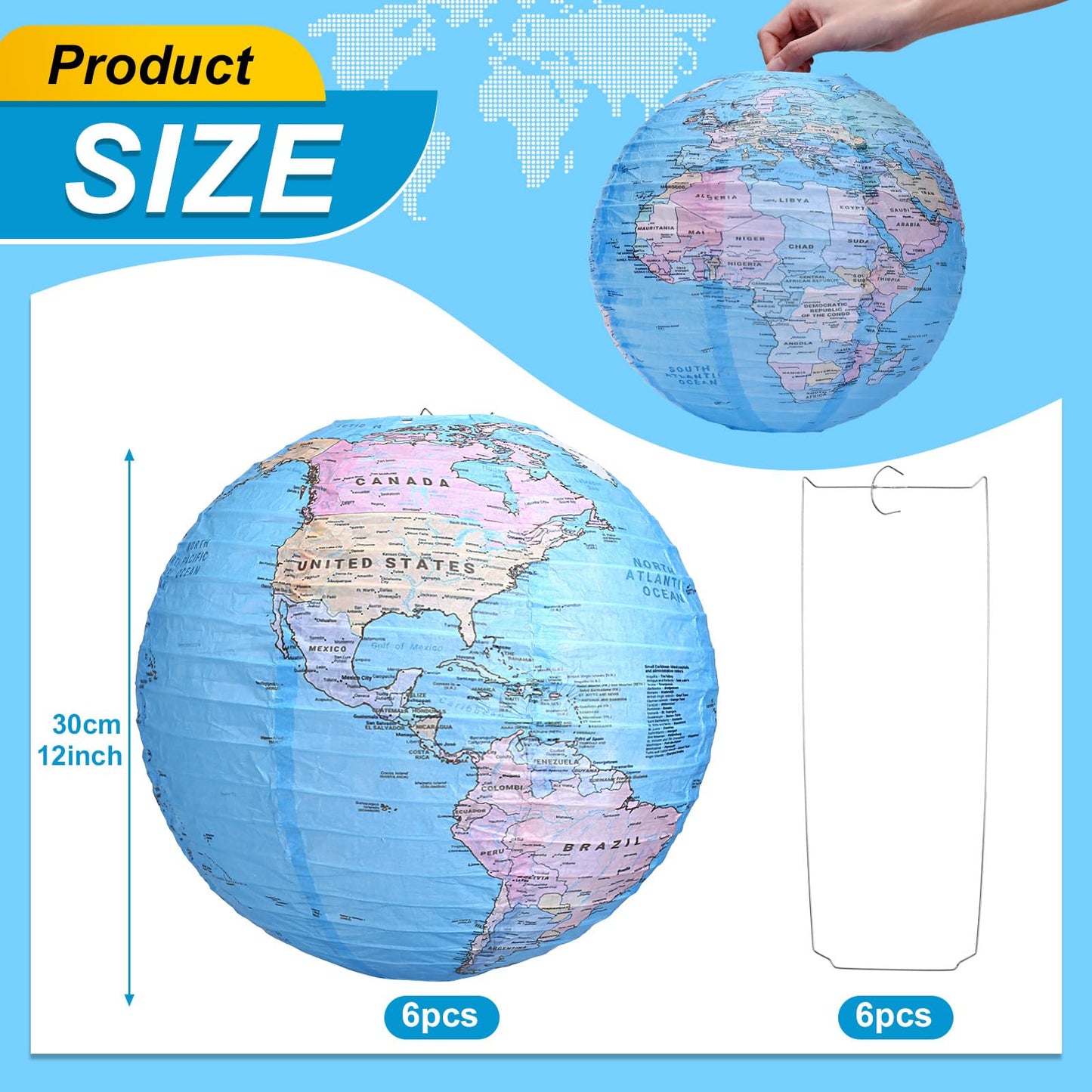 Globe Hanging Paper Lanterns, Around The World Earth Day Decorations, Travel Themed Paper Lanterns for Classroom Decorations Travel Party Decorations (12 inch, 6pcs)