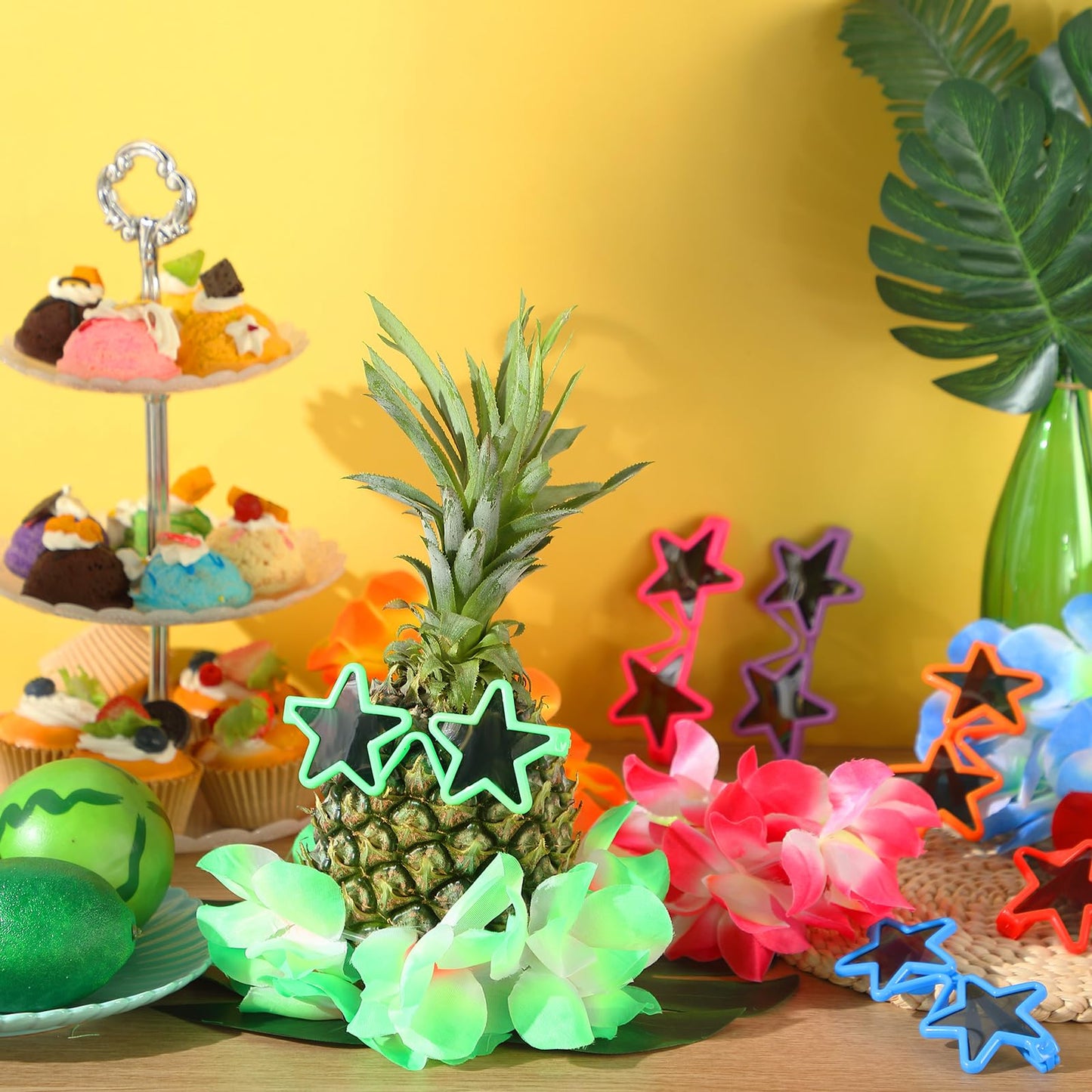 Rotatingpals 6 Sets Pineapple Table Centerpieces Hawaiian Party Sunglasses Luau Table Decorations Tropical Decor for Beach Summer Party(Star)