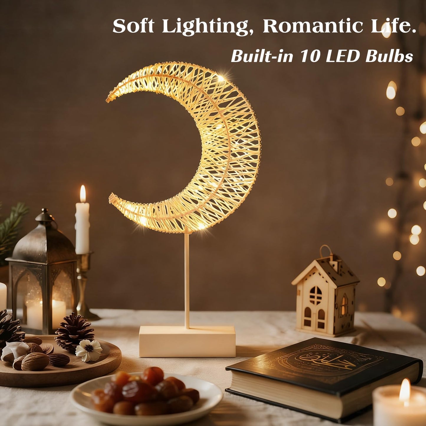 Lewondr Ramadan Decorations Moon Table Lamp, Moon Shape Rattan Ramadan Desk Lamp Battery Powered Light, Winding Thread LED Crescent Light for Home Bedroom Bedside Desktop Eid Mubarak Decorations