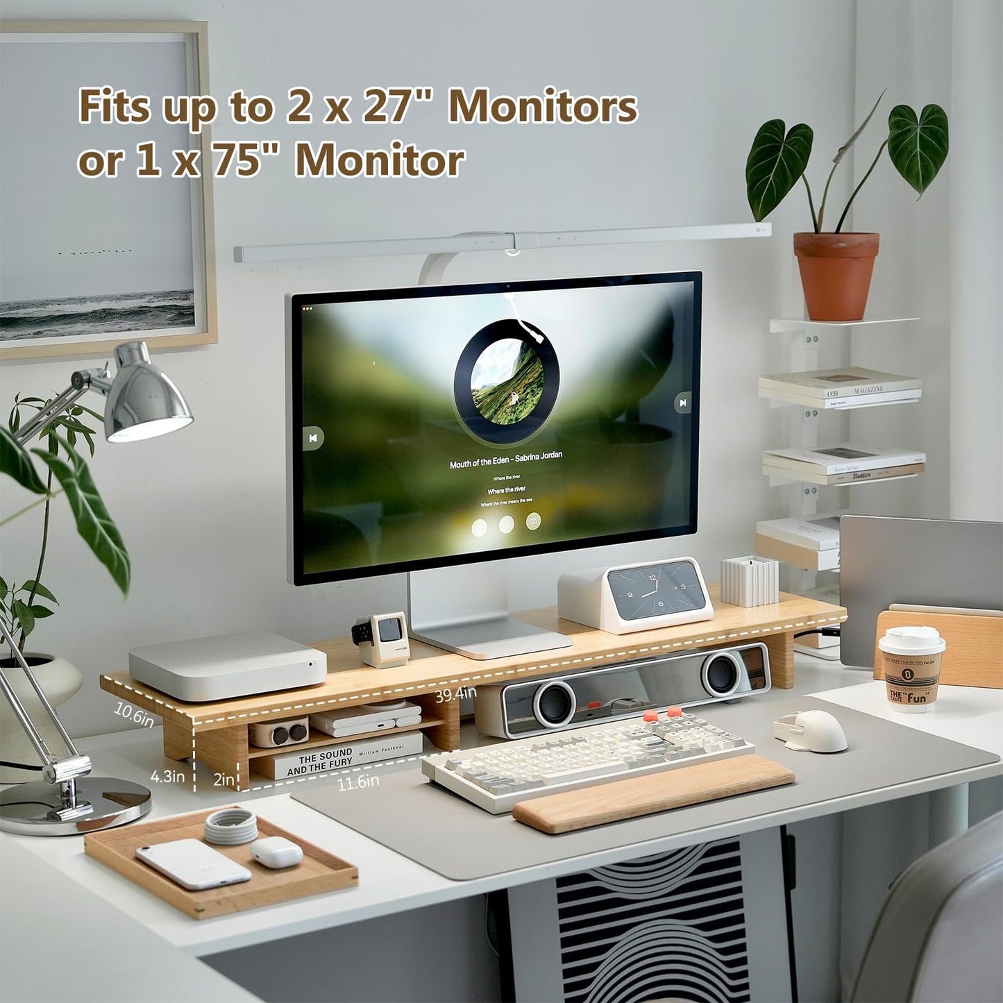 ROCDEER Bamboo Dual Monitor Stand Riser Natural, 2-Tier Desk Monitor Riser for 2 Monitors, Supports for PC Computer Monitor, Printer, Heavy TV Riser up to 300 lbs