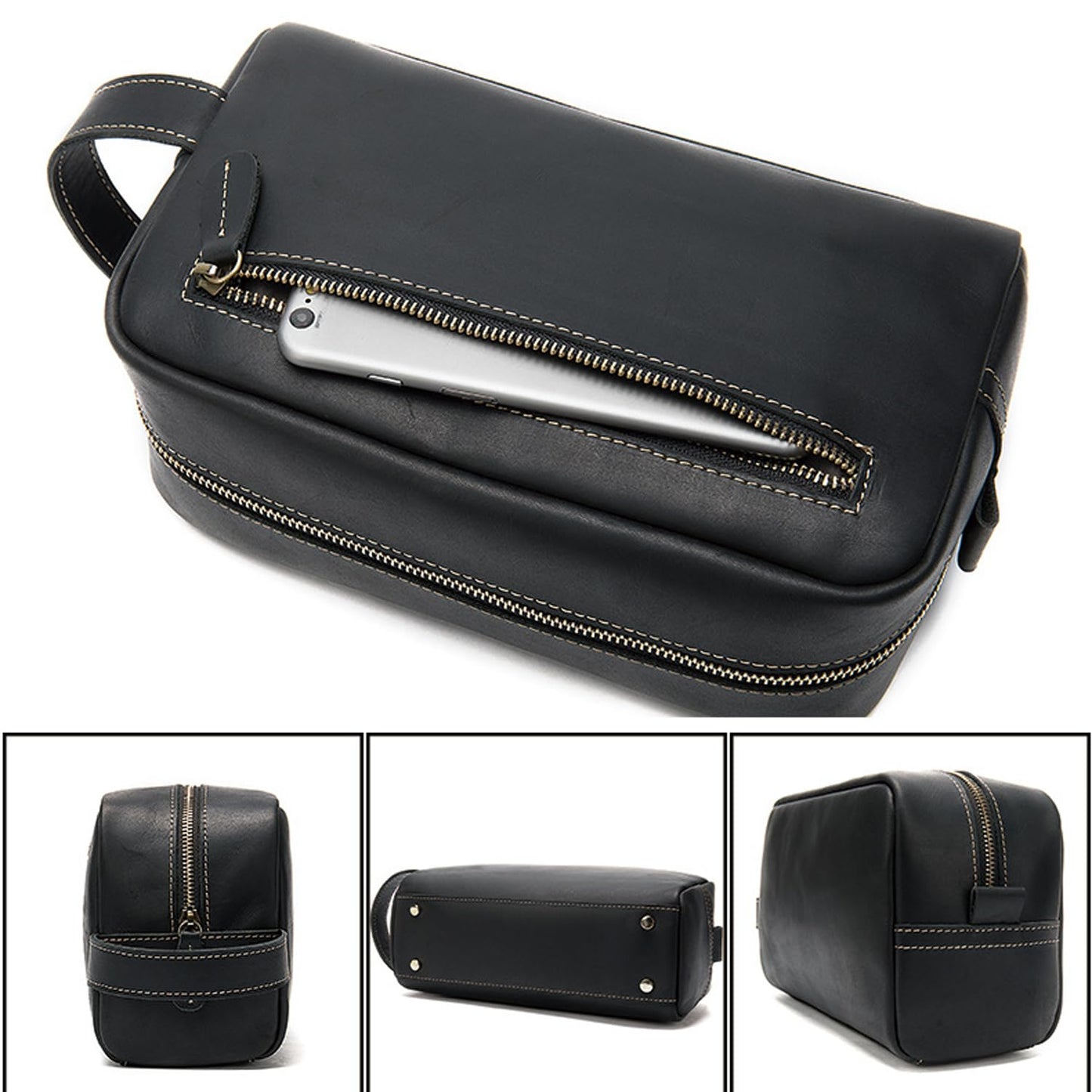 Full Grain Genuine Leather Zipped Travel Toiletry Bag for Women Men Ladies Clutch Purse Wallet Shaving Bag Cosmetic Bag Dopp Kit Wristlet Organizer Holder Wrist Bag Pack Business Handbag Black
