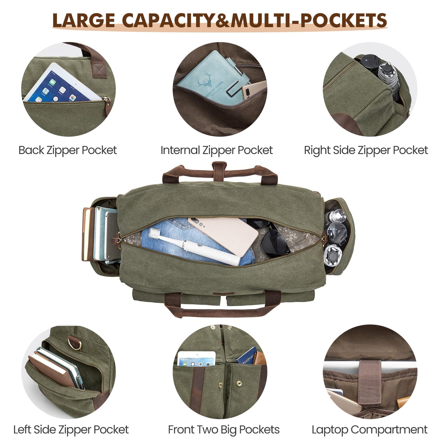 S-ZONE Large Canvas Travel Duffel Bag Weekend Overnight Bag Carry on Leather Trim Holdall Gym Bag with Multi-Pockets for Men and Women, Army Green
