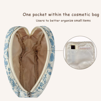 Small Quilted Cotton Makeup Bag for Purse, Cosmetic Bag with Compartments, Cotton Aesthetic Makeup Bag, Travel Toiletry Pouch, Key Pocket Lipstick Bag Card Holder Data Cable Organizer（01White Bear）
