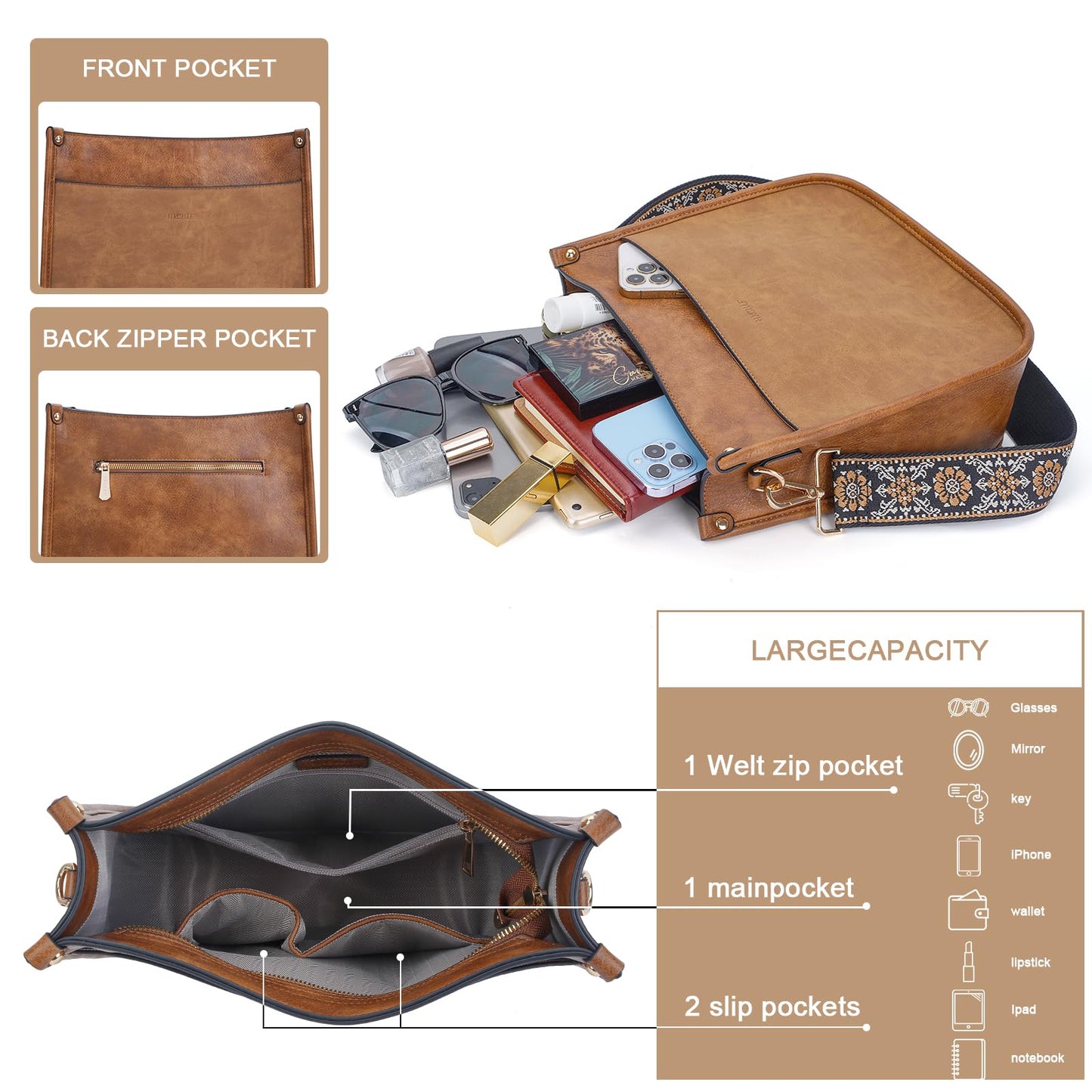 HKCLUF Crossbody Bags for Women Trendy Vegan Leather Hobo Handbags With 2PCS Adjustable Guitar Strap Crossbody Shoulder Bag Purse For Women(Stitching Brown)
