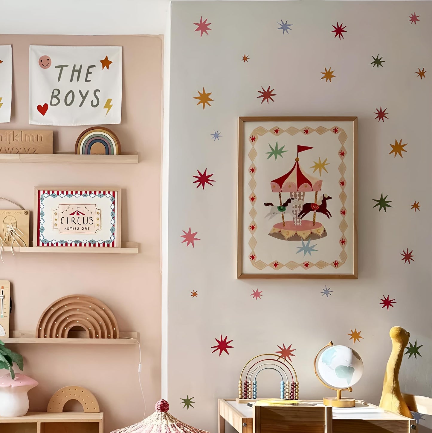 Wild Earth Colourful Stars Wall Stickers, Cosmic Carnival Wall Stickers, Removable Fabric Sticker, Wallpaper Effect Wall Sticker Irregular Star Wall Sticker Decals Nursery Playroom Decor (68 PCS)