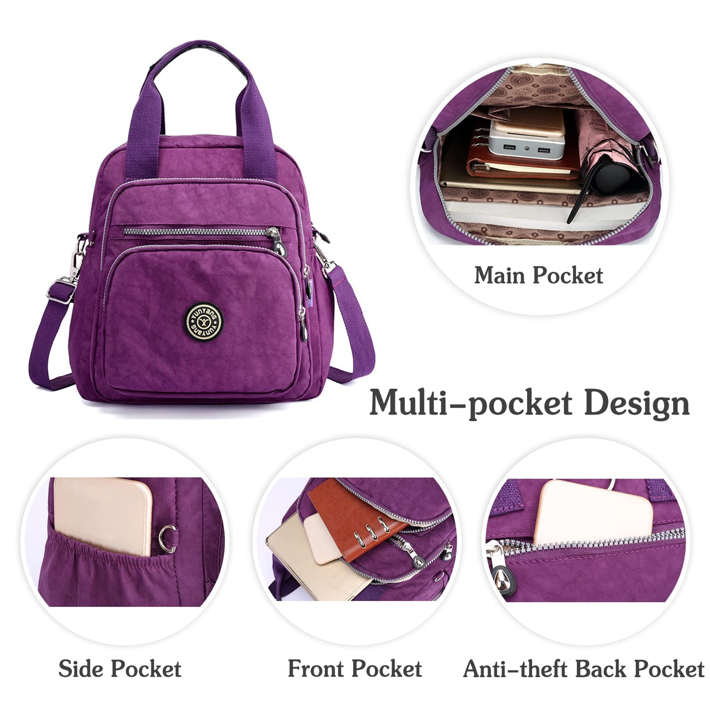 PORRASSO Casual Backpack Women Shoulder Bag Ladies Crossbody Bag Nylon Handbag Girl Daypack for Work Travel Daily Use, Black, L, Daypack Backpacks