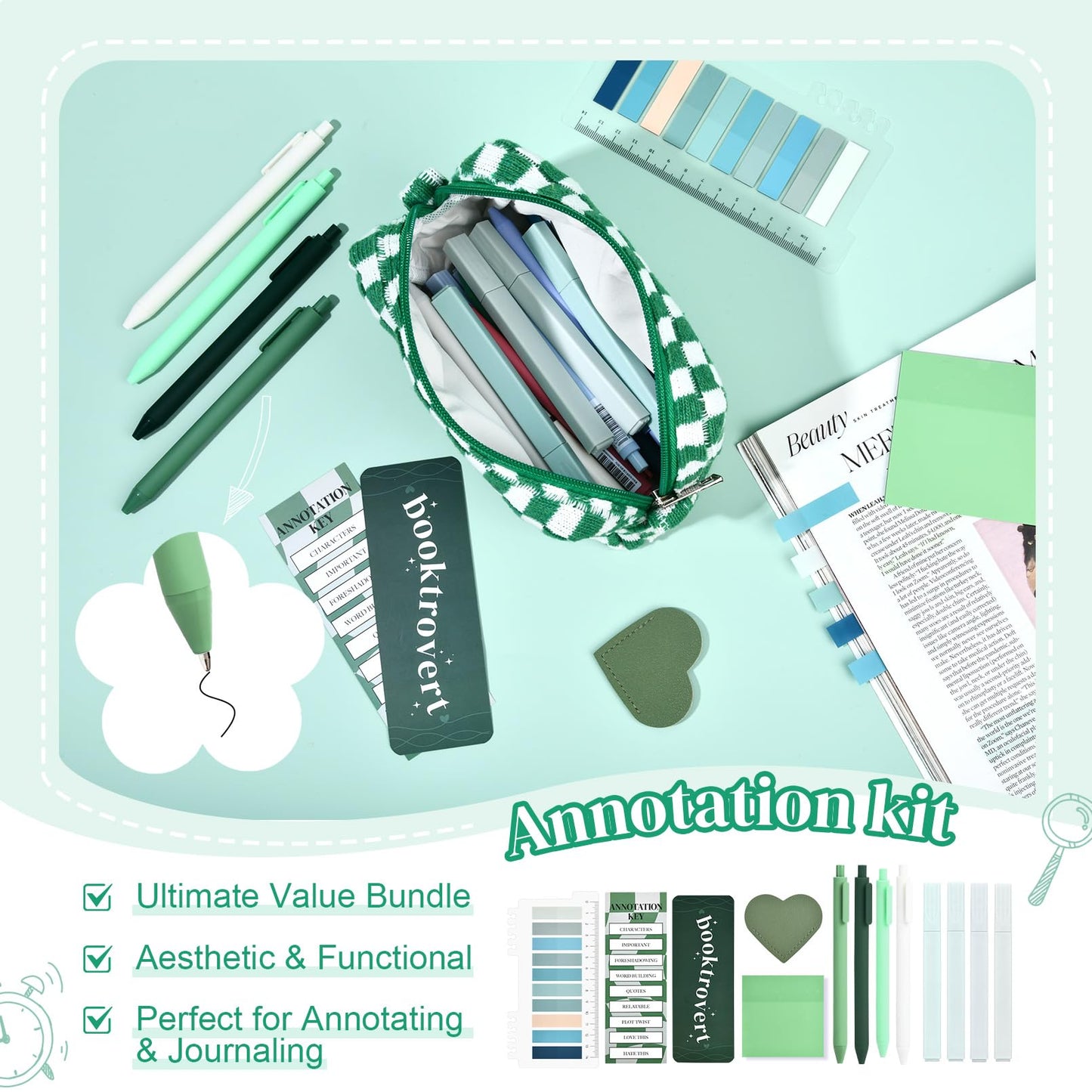 14 PCS Aesthetic Book Annotation Kit Large Checkered Pencil Case Book Lover Bookmark Dual Highlighters Gel Pens Study Supplies Stationary Set for Student Green