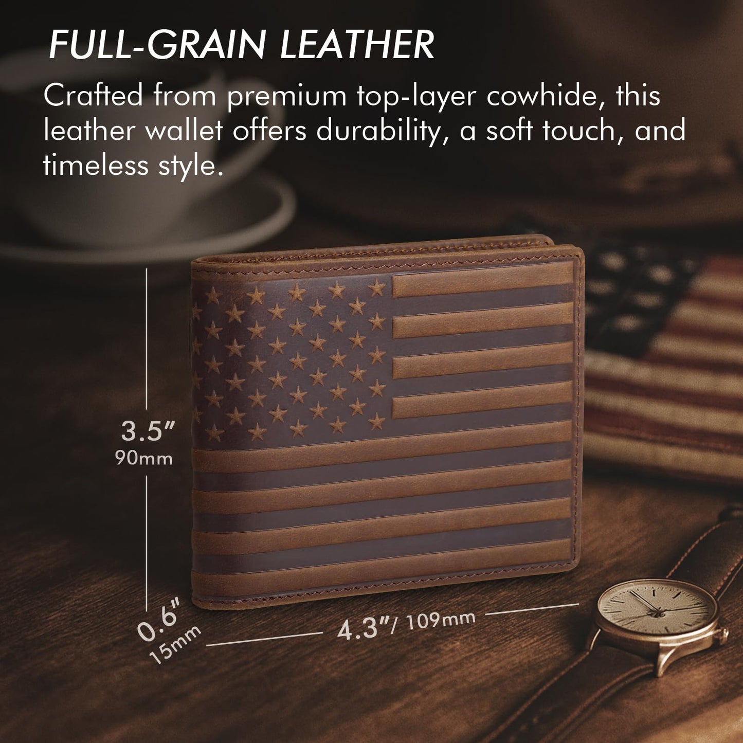 Pefiam Full Grain Leather Wallet for Men, RFID Blocking, Mens Wallet Bifold with 2 ID Windows, Billfold with 13 Card Slots, Leather Gift for Men, American Flag Wallet Dark Brown